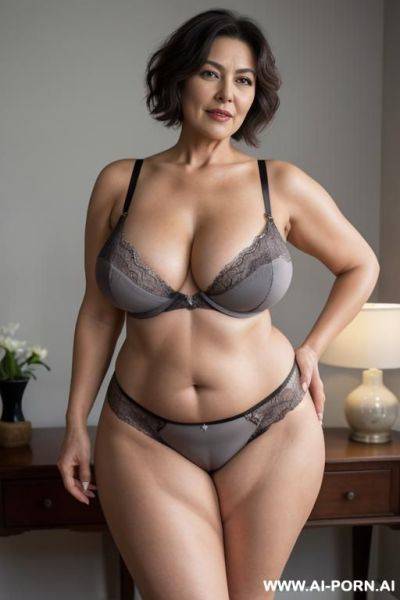 0-year-old grandmother, full body, standing, very visible age marks, triangle hips, thick thighs, huge breasts, big ass, short gray hair, wearing only a lace panties, topless, huge nipples, hands on hips, legs open, take off bra - ai-porn.ai on pornintellect.com