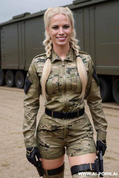 Military officer woman, germany, blonde, camouflage, sexy, attractive, horny, full body, boots, dildo - ai-porn.ai on pornintellect.com