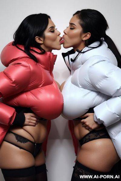 Two women with gigantic boobs kissing in massive oversized puffer jackets, one getting fucked - ai-porn.ai on pornintellect.com