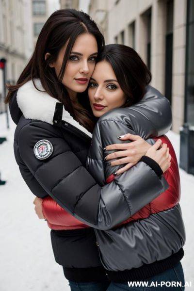 Brunette wearing puffer jacket, hugging viewer - ai-porn.ai on pornintellect.com