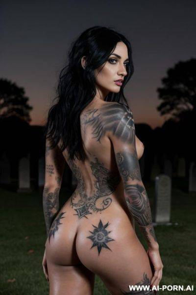 Goth babe, many black tattoos, fully naked in a graveyard, natural breasts, full areolas, black hair, standing, moonlight - ai-porn.ai on pornintellect.com