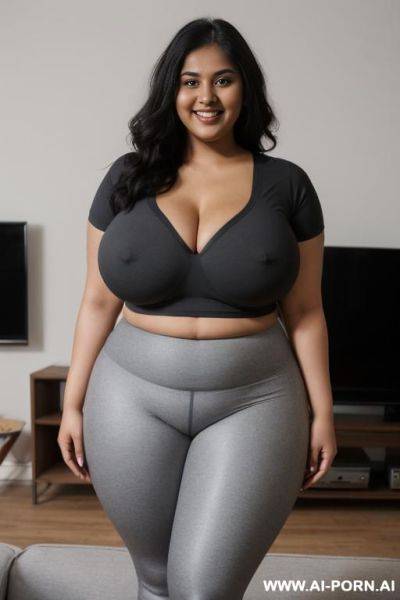 Chubby woman, full body, standing, smiling, bald, wearing gray leggings, black t-shirt, triangle hips, thick thighs, living room in front of the television - ai-porn.ai on pornintellect.com