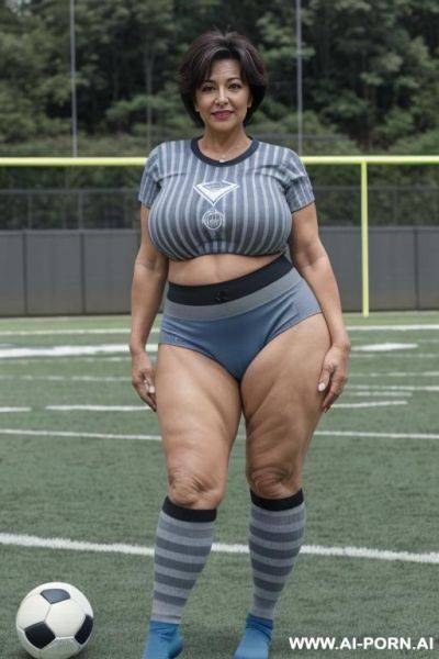 0 year old grandmother, full body, standing, clearly visible age marks, triangular hips, thick thighs, huge breasts, big ass, short gray hair, wearing a blue football shirt with black stripes, - ai-porn.ai on pornintellect.com