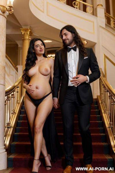 On the stairs inside a beautiful opera with gold railings and carpets. a woman and a man. a pregnant woman, only in red heels, completely naked, embraces a man. a man in an elegant suit, long tied hair . - ai-porn.ai on pornintellect.com