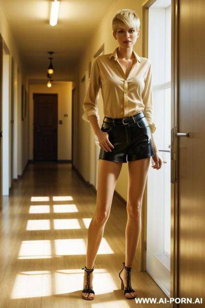 Aroused, short, slender, german, pert, blonde, pixiecut, shirt, standing, hallway - ai-porn.ai - Germany on pornintellect.com