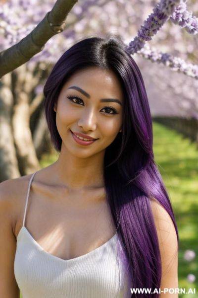 (highest quality) (visually pleasing) (se-ira sodesh-iro) medium closeup, her tanned body, purple eyes, purple pupils, flowing hair, japanese, various hairstyles, cheerful wife, heroic look, - ai-porn.ai - Japan on pornintellect.com