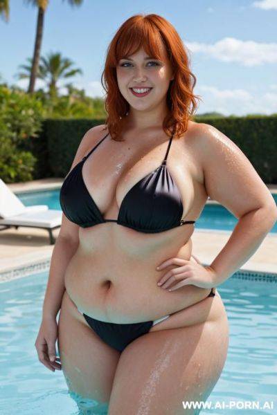 Full body photo shot, about a pool party, woman so chubby and so fat bbw, with tummy, wearing a sexy and micro print silk bikini, she is so wet and seductive - ai-porn.ai on pornintellect.com