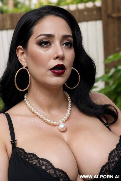 Massive tits, garden, heavy pearl necklace, bracelets, slutty, hourglass figure, dark lips, hoop earrings, much makeup, punky ,30 degree vr view - ai-porn.ai on pornintellect.com