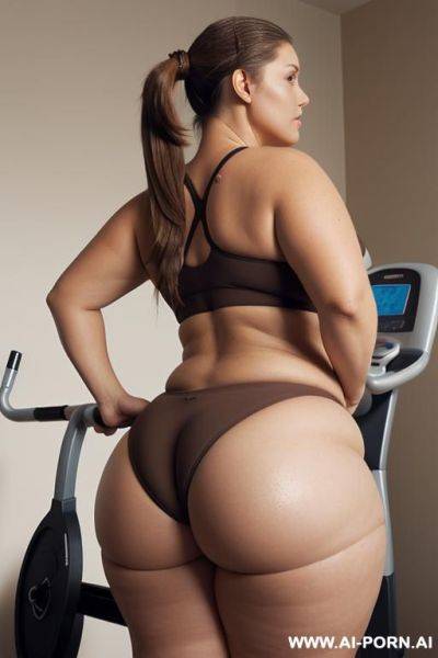 (chubby, (chubby woman), (chubby figure)), ((big round bottom), (bare bottom), (show bottom)), (angle of view bottom), (head looks to the side), ((long brown hair) , (ponytail hairstyle)), standing, gym, (exercise bike) - ai-porn.ai on pornintellect.com