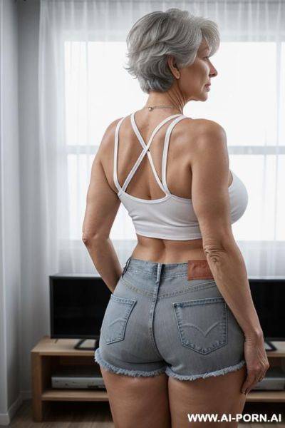 Back view, 0 year old white grandmother, short gray hair, lady, full body, standing, clearly visible age features, gray hair, triangular hips, thick thighs, big ass, wearing denim shorts, transparent white tank top, living room in front of the television - ai-porn.ai on pornintellect.com