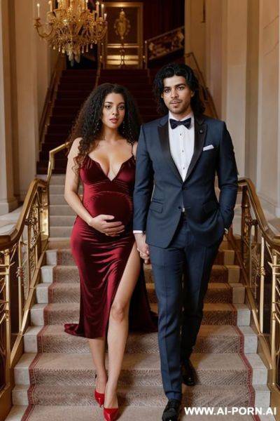 On the stairs inside a beautiful opera with gold railings and carpets. a woman and a man. a pregnant woman, only in red high heels, completely naked, short curls, a man in an elegant suit, long kinky hair. - ai-porn.ai on pornintellect.com