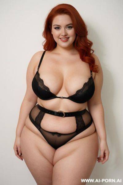 Full body photo shot, about at elegant art gallery, fat bbw curvy with love handless and tummy, she is 20 years old, wearing a sexy and hot red gartert belt lingeries. - ai-porn.ai on pornintellect.com