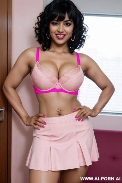 Indian, 30 years, black hair, short curly hair, bangs, pink bra, pink microskirt, navel piercing, thick body, flexing arm, laugh, looking at camera, standing, heels - ai-porn.ai - India on pornintellect.com