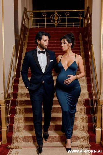 On the stairs inside a beautiful opera with gold railings and carpets. a woman and a man. a pregnant woman, only in red high heels, completely naked, short curls, a man in an elegant suit, hair bun. - ai-porn.ai on pornintellect.com