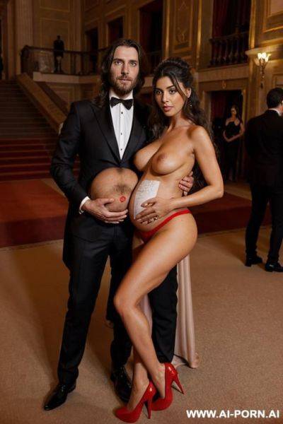 Inside a beautiful opera with carpets, full of elegant spectators. completely naked beautiful pregnant woman with italian beauty, , black curls, breasts, hands, red heels and a man with long hair - ai-porn.ai - Italy on pornintellect.com