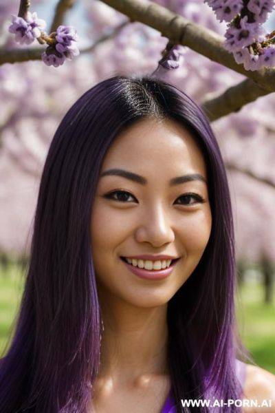 (highest quality) (visually pleasing) medium closeup, her tanned body, purple eyes, purple pupils, flowing hair, japanese, various hairstyles, cheerful wife, heroic look, - ai-porn.ai - Japan on pornintellect.com