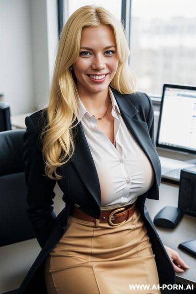 Massive enormous natural round boobs, office shirt, button up shirt, long formal coat, pencil skirt, belt, secretary uniform - ai-porn.ai on pornintellect.com