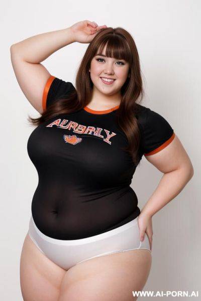 Full body photo shot, professional photo studio, chubby fat bbw cheerleader university, making a dance, with tummy and lovehandless. - ai-porn.ai on pornintellect.com