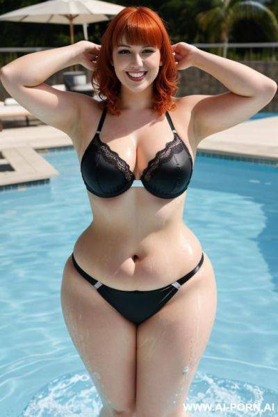 Full body photo shot, about a pool party, miss chubby fat bbw cheerleader, with tummy, wearing a sexy and hot stocking lingerie, she is jumping to the pool, she is so wet. - ai-porn.ai on pornintellect.com