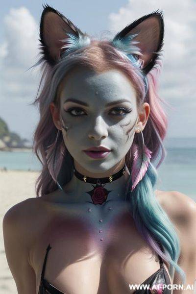 Face, sexy, beautiful, ((evil woman)), ((face painting)), ((body painting)), ((bikini as seashell)), ((fantasy bikini)), ((roses)), ((eyes shw)), ((angel wings)), ((choker)), ((rainbow hair)), (( makeup)), - ai-porn.ai on pornintellect.com