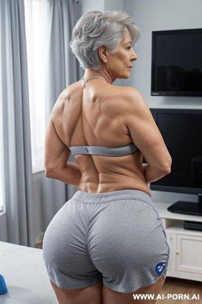 Back view, white grandmother, short gray hair, lady, full body, standing, clearly visible age features, gray hair, triangular hips, thick thighs, (((big ass))), wearing blue gym shorts, (topless), room in front to the television - ai-porn.ai on pornintellect.com