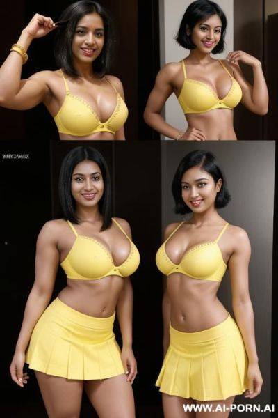 Indians, 20 years, black hair, short messy hair, muscular arms flexing, thick body, thick ass, yellow bra, yellow skirt, navel piercing, smile, looking at camera, heels, front view - ai-porn.ai - India on pornintellect.com