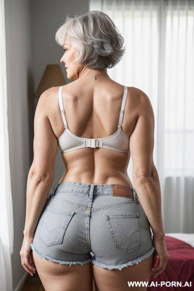 Back view, 0 years old white grandmother, short gray hair, lady, full body, standing, clearly visible age features, gray hair, triangular hips, thick thighs, big ass, wearing denim shorts, white bra, room in front on television - ai-porn.ai on pornintellect.com