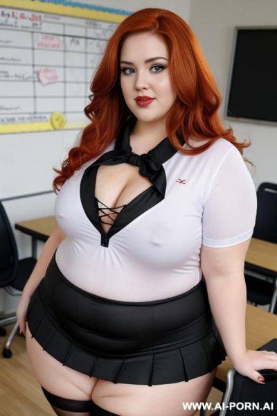 Full body photo shot, about at classroom, fat bbw curvy with love handless and tummy, she is dressed as a cheerleader, so sexy and hot stocking, heart-shaped face, - ai-porn.ai on pornintellect.com