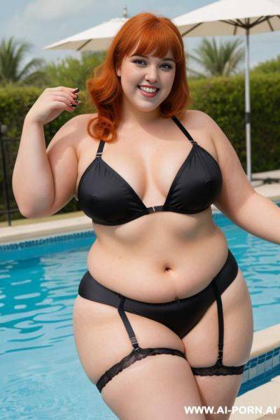 Full body photo shot, about a pool party, miss chubby fat bbw cheerleader, with tummy, wearing a sexy and hot stocking lingerie, she is jumping to the pool. - ai-porn.ai on pornintellect.com