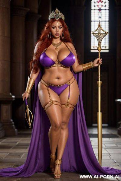 Voluptuous tanned sorceress queen with long red hair. very large saggy tits and long thick nipples. (oversized tits). medieval throne room. see-through purple bikini. gold earrings, necklace, - ai-porn.ai on pornintellect.com