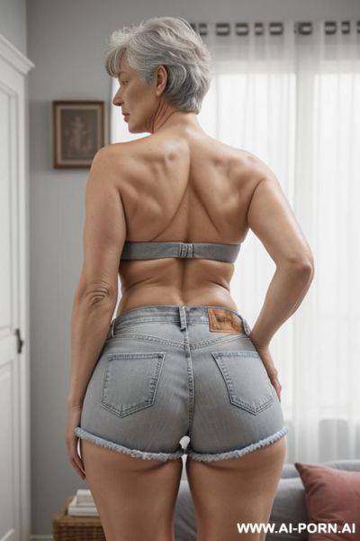 Back view, 0 years old white grandmother, short gray hair, lady, full body, standing, clearly visible age features, gray hair, triangular hips, thick thighs, big ass, wearing denim shorts, (topless), room in front on television - ai-porn.ai on pornintellect.com