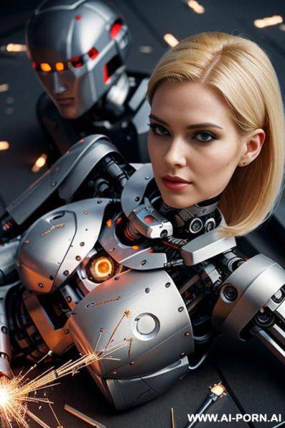 Blonde robot damaged in a battle, lying on the ground, (sparks from robotic parts inside torso:1.3) - ai-porn.ai on pornintellect.com