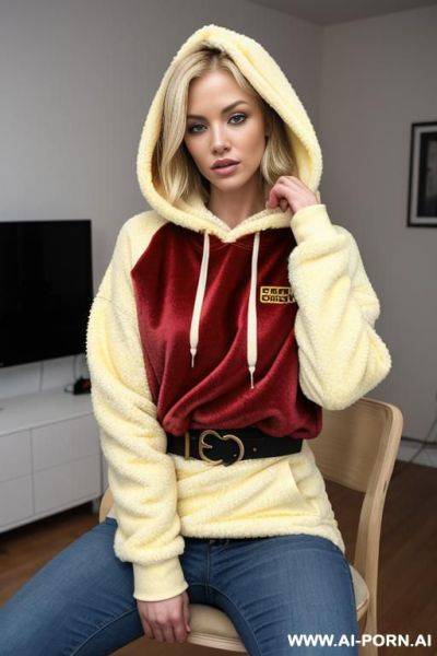 Beautiful woman wears a red sherpa-hoodie with yellow fur inlay - ai-porn.ai on pornintellect.com