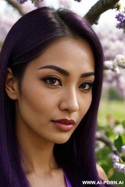 (highest quality) (visually pleasing) (se-ira sodesh-iro) medium closeup, her tanned body, detailed eyes, purple pupils, flowing hair, japanese, various hairstyles, cheerful cougar, provocative look, - ai-porn.ai - Japan on pornintellect.com