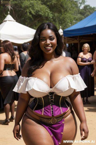 (bbw bimbos with massive oversized boobs), two woman in super short extra slutty gladiator micro skirt and strapless off the shoulder corset blouse exposing bare boobs while walking in crowded - ai-porn.ai on pornintellect.com