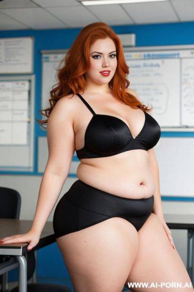 Full body photo shot, about at classroom, fat bbw curvy with love handless and tummy, she is dressed as a cheerleader, so sexy and hot stocking, heart-shaped face, - ai-porn.ai on pornintellect.com