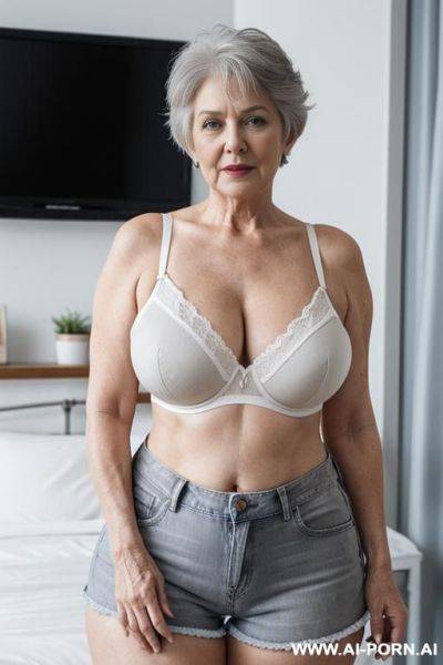 0 years old white grandmother, short gray hair, lady, full body, standing, clearly visible age features, gray hair, triangular hips, thick thighs, big ass, wearing denim shorts, white bra, room in front on television - ai-porn.ai on pornintellect.com