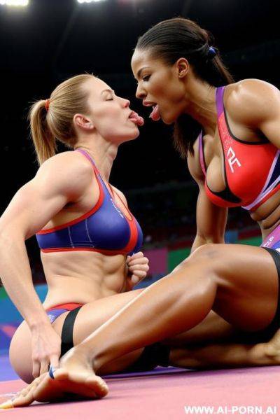 Olympic champion, woman, licking the feet of another athlete both woman licking each others foot - ai-porn.ai on pornintellect.com