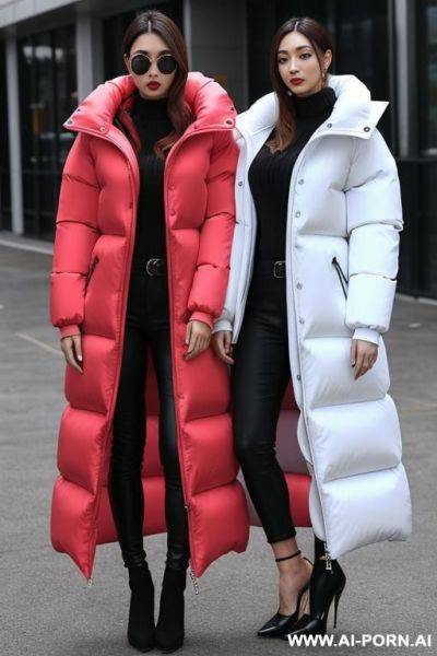 Two suburb moms sharing double ended dildo, wearing massive oversized puffer jackets - ai-porn.ai on pornintellect.com