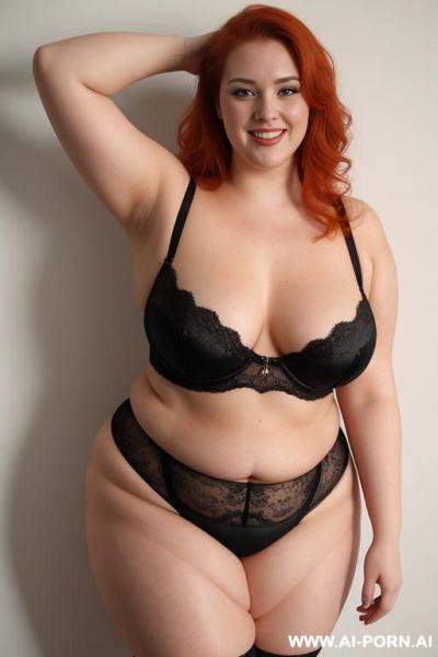 Full body photo shot, about at elegant art gallery, fat bbw curvy with love handless and tummy, she is 20 years old, wearing a sexy and hot red gartert belt lingeries. - ai-porn.ai on pornintellect.com