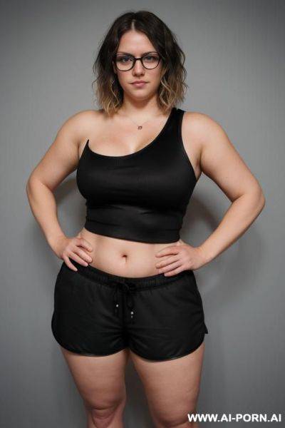 (((round face))), (((black sports shorts))), (((broad shoulders))), (((thick arms))), (((thick))), (((round glasses))), (((hands on hips))), (((smirking))) - ai-porn.ai on pornintellect.com