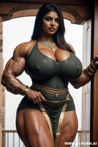 Indian muscle collossal giantess with massive boobs covered behind tight tunic covering thick ripped muscles, tall physique, muscles and boobs covered behind tunic - ai-porn.ai - India on pornintellect.com