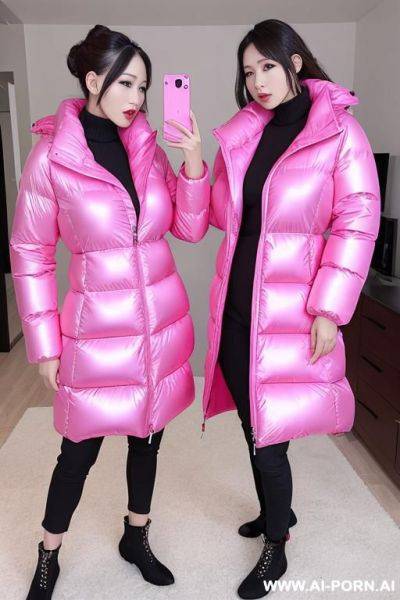 Two suburb moms sharing double ended dildo, wearing massive oversized puffer jackets - ai-porn.ai on pornintellect.com