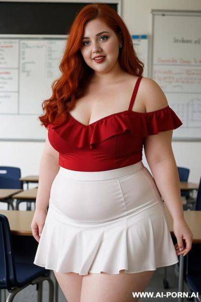 Full body photo shot, about at classroom, chubby fat bbw curvy teacher, wearing a sexy and hot micro red ruffle skirt and elegant micro summer top, speaking to the classroom. - ai-porn.ai on pornintellect.com