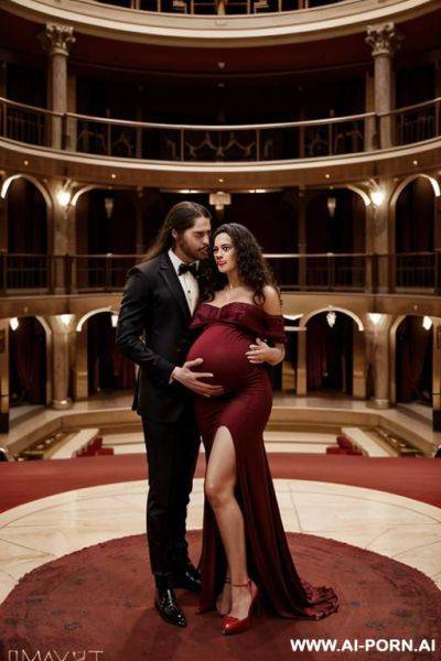 Inside a beautiful opera with carpets, full of elegant spectators. completely naked beautiful pregnant woman with italian beauty, in red high heels, black curls, breasts, hands and a man with long hair in an elegant suit feels her embraced - ai-porn.ai - Italy on pornintellect.com