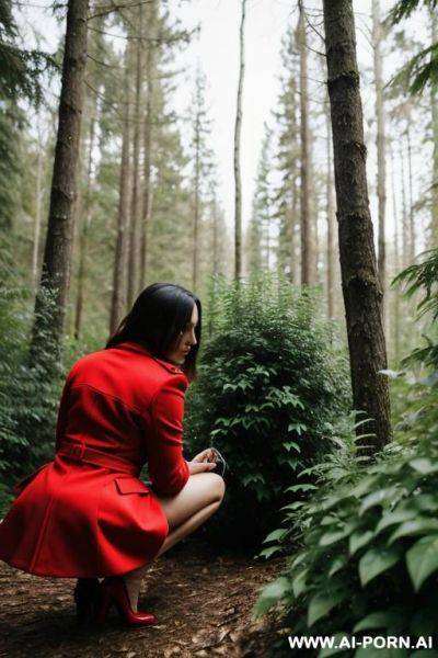 Elegant, italian, red coat, forest, plants, bushes, squatting, holding wipe - ai-porn.ai - Italy on pornintellect.com