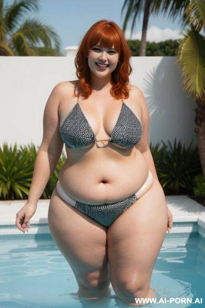 Full body photo shot, about a pool party, woman chubby fat bbw, with tummy, wearing a color sexy and micro print silk bikini. - ai-porn.ai on pornintellect.com