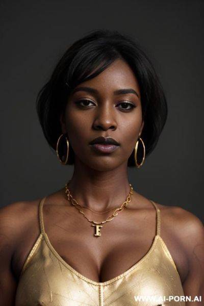 (((very dark skin))), black lipstick, masculine woman, , heavy eye make up, gold key necklace, gold necklace, gold earrings - ai-porn.ai on pornintellect.com