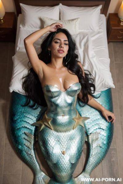 Mermaid laying on a bed, wide hips, tanned, long wavy hair, big boobs - ai-porn.ai on pornintellect.com