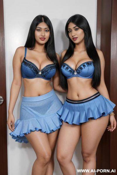 Indians, 20 years, black hair, tall straight hair, thick body, thick ass, blue bra, blue frilly skirt, navel piercing, kissing, blue heels, thick legs, tall, humping - ai-porn.ai - India on pornintellect.com